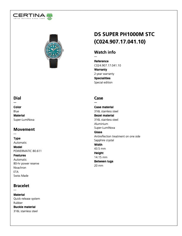 Certina DS Super PH1000M STC
